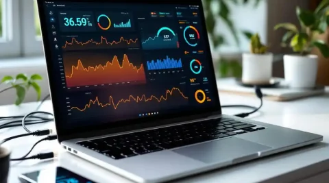 Laptop toont kleurrijke netwerkprestatiegrafieken op bureau met ethernetkabels en smartphone met snelheidstest