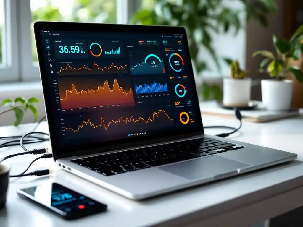 Laptop toont kleurrijke netwerkprestatiegrafieken op bureau met ethernetkabels en smartphone met snelheidstest