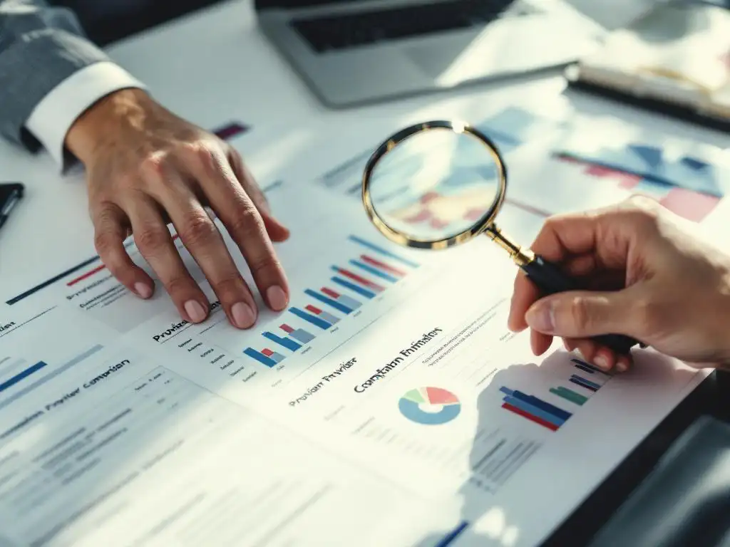 Zakenhand houdt vergrootglas boven kleurrijke vergelijkingsgrafieken en documenten op wit bureau met laptop op achtergrond
