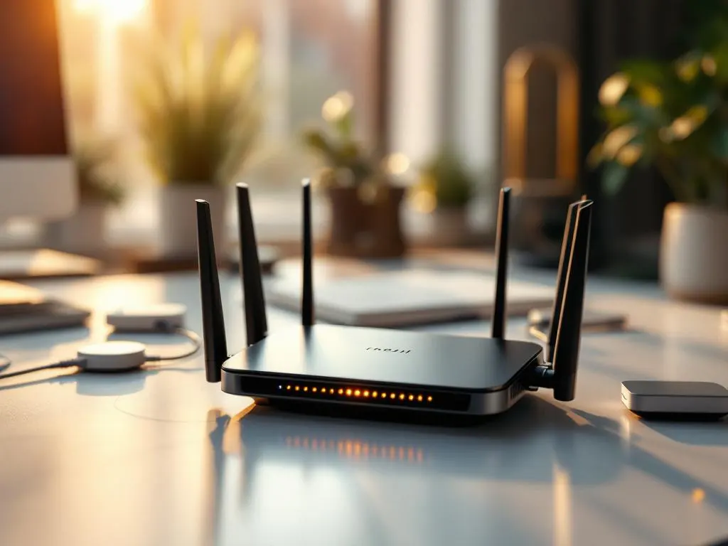 Moderne router met antennes op wit bureau omgeven door draadloze apparaten en lichtsporen in gouden uurtje verlichting