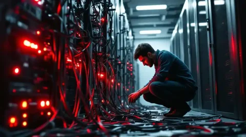 IT-technicus onderzoekt netwerkstoringen in serverruimte met losse ethernetkabels en rode waarschuwingslampjes
