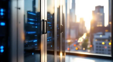 Serverrek met blauwe LED-verlichting en glasvezelkabels in modern kantoor met stadsgezicht door raam