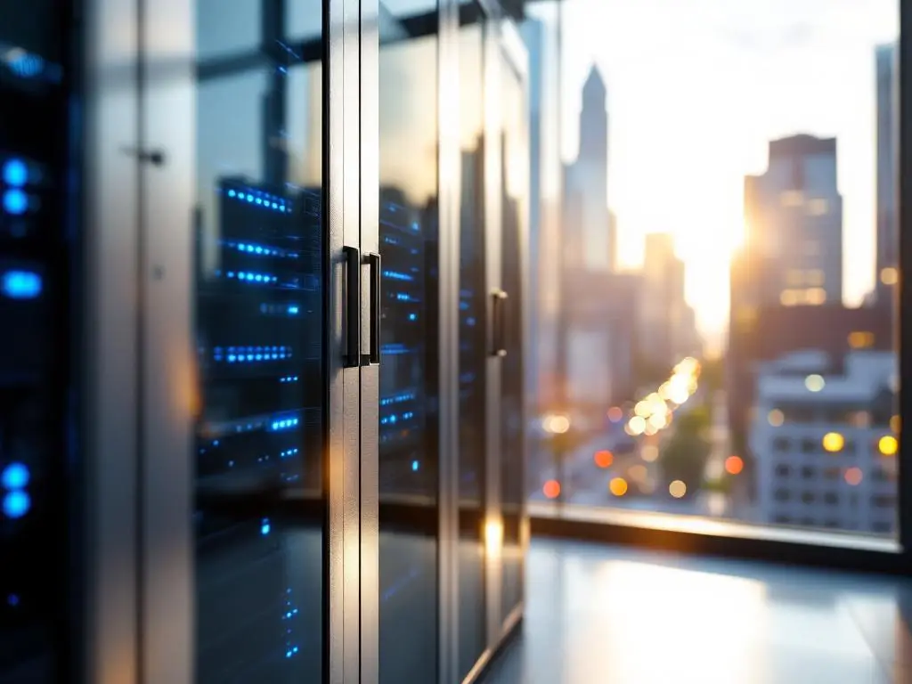 Serverrek met blauwe LED-verlichting en glasvezelkabels in modern kantoor met stadsgezicht door raam