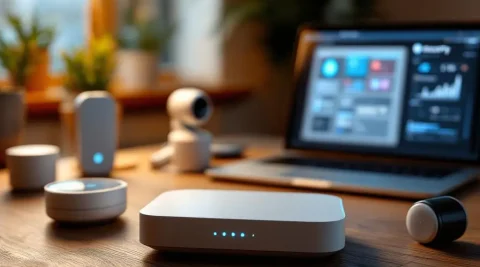 Slimme beveiligingshub met blauwe LED-lichten op houten bureau omringd door IoT-apparaten en laptop met dashboard
