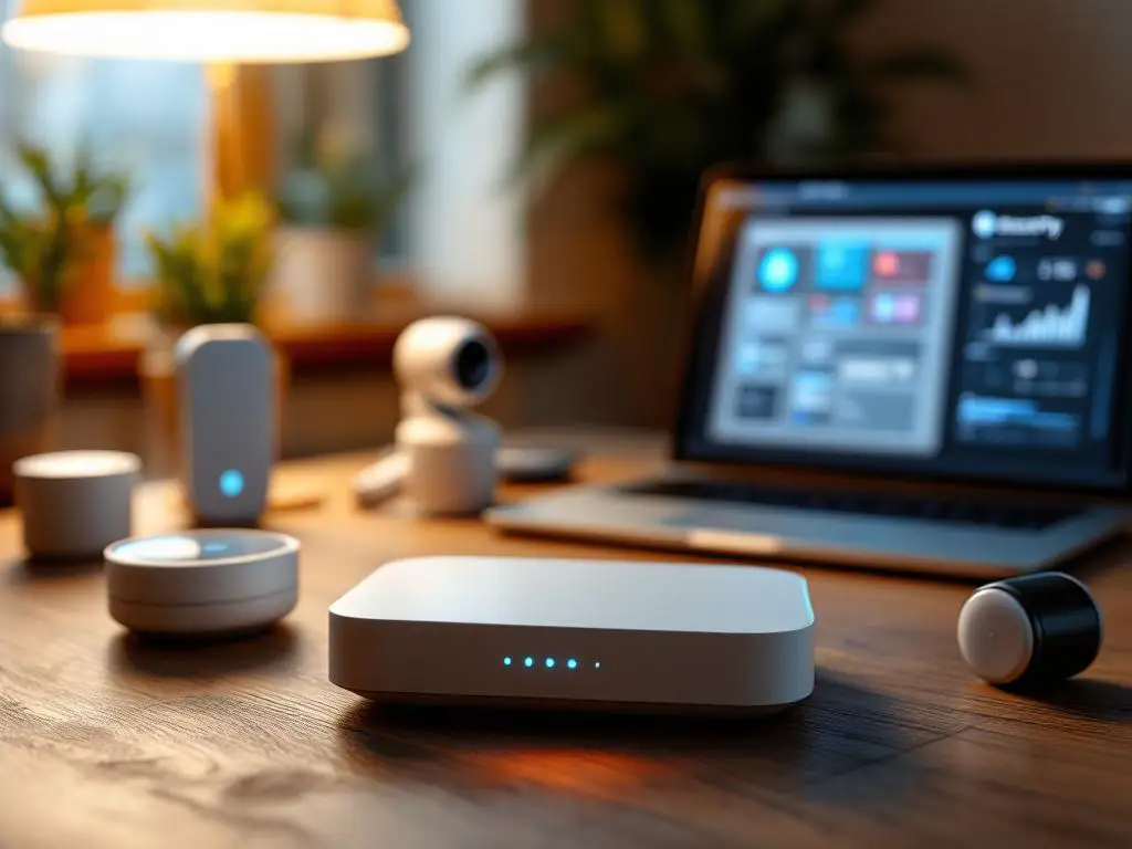 Slimme beveiligingshub met blauwe LED-lichten op houten bureau omringd door IoT-apparaten en laptop met dashboard