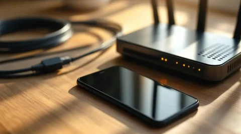Smartphone met signaalbalken op houten bureau naast draadloze router met LED-indicatoren en ethernetkabels
