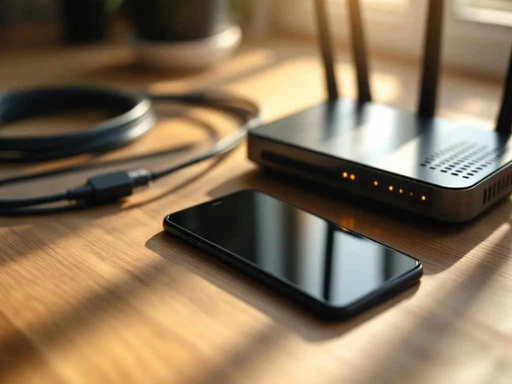 Smartphone met signaalbalken op houten bureau naast draadloze router met LED-indicatoren en ethernetkabels