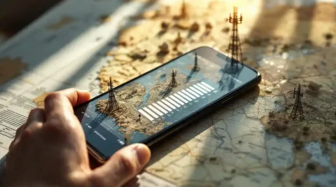 Smartphone met signaalsterkte op topografische kaart met zendmastmodellen, verlicht door warm zonlicht