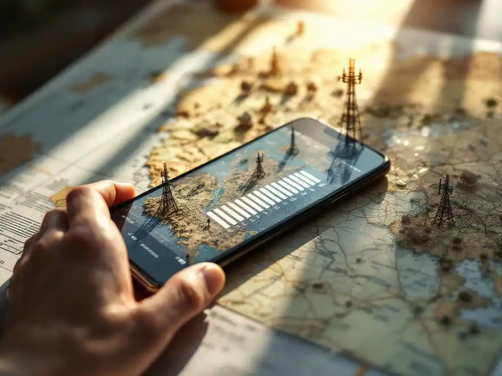 Smartphone met signaalsterkte op topografische kaart met zendmastmodellen, verlicht door warm zonlicht