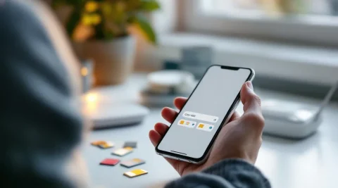 Persoon houdt smartphone met simkaart-selectiescherm, meerdere simkaarten op bureau, router op achtergrond