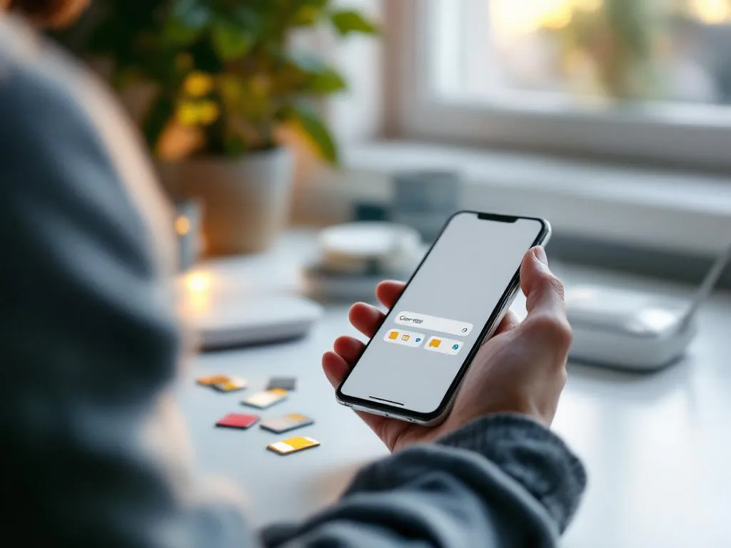 Persoon houdt smartphone met simkaart-selectiescherm, meerdere simkaarten op bureau, router op achtergrond