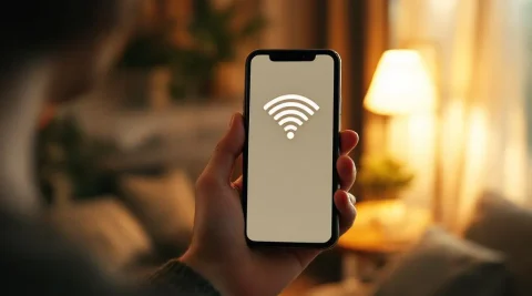 Persoon houdt smartphone vast met Wi-Fi signaalsterkte indicatoren in gezellige woonkamer met warme verlichting