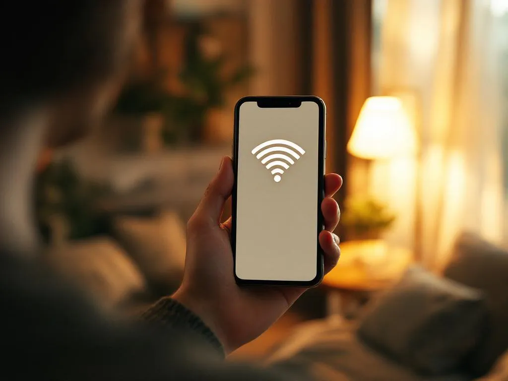 Persoon houdt smartphone vast met Wi-Fi signaalsterkte indicatoren in gezellige woonkamer met warme verlichting