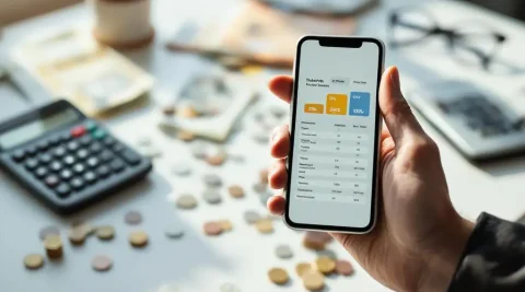 Zakenman houdt smartphone met kleurrijke prijsvergelijkingsgrafieken, omringd door geld en rekenmachine op bureau