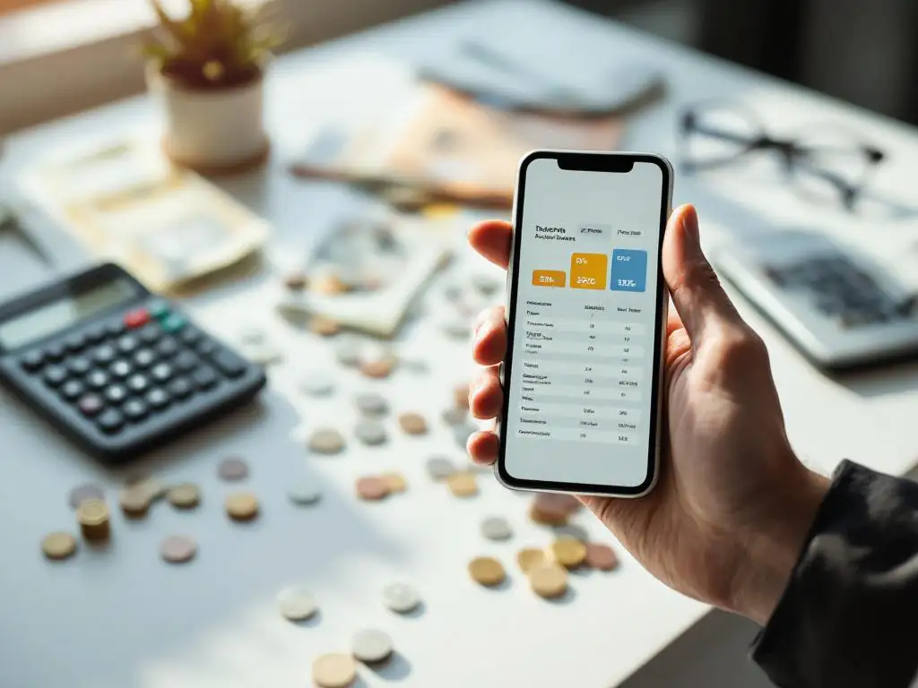Zakenman houdt smartphone met kleurrijke prijsvergelijkingsgrafieken, omringd door geld en rekenmachine op bureau