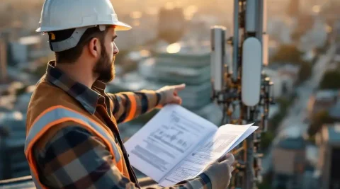 Telecommunicatie-ingenieur met helm inspecteert mobiele antenne op dak, houdt documenten vast, stadsgezicht op achtergrond