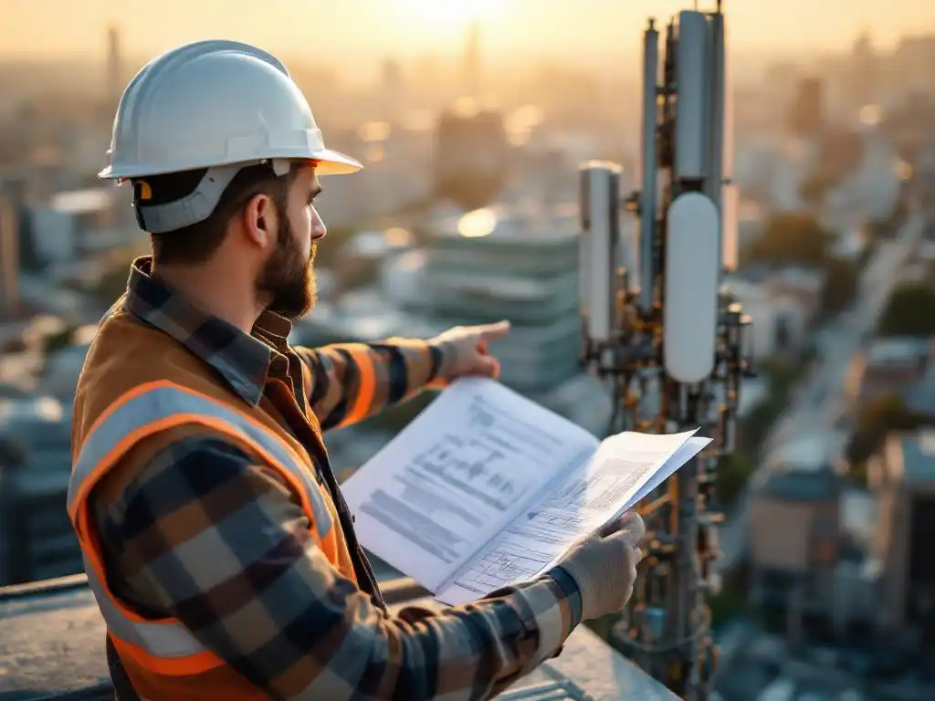 Telecommunicatie-ingenieur met helm inspecteert mobiele antenne op dak, houdt documenten vast, stadsgezicht op achtergrond