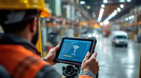 Heftruckchauffeur controleert draadloos signaal op rugged tablet in industrieel magazijn met metalen stellingen