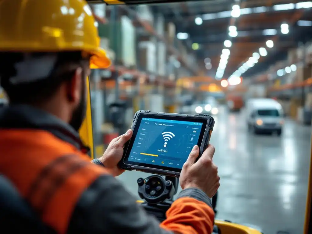 Heftruckchauffeur controleert draadloos signaal op rugged tablet in industrieel magazijn met metalen stellingen