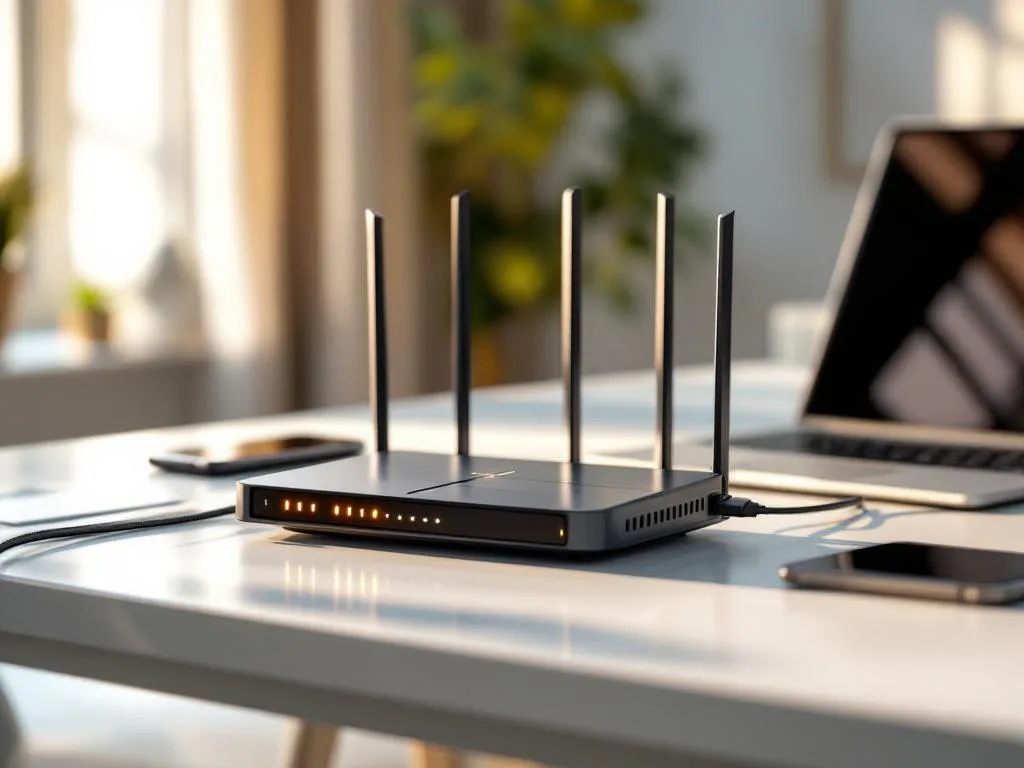 WiFi 6 router met antennes op wit bureau, aangesloten op laptop en smartphone via ethernet kabels