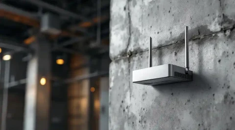 WiFi-router gemonteerd op stalen kolom in moderne industriële warehouse met betonnen muren en LED-verlichting