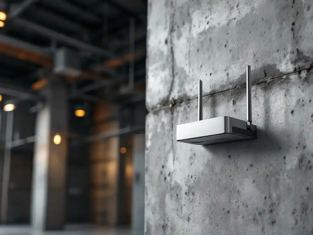 WiFi-router gemonteerd op stalen kolom in moderne industriële warehouse met betonnen muren en LED-verlichting