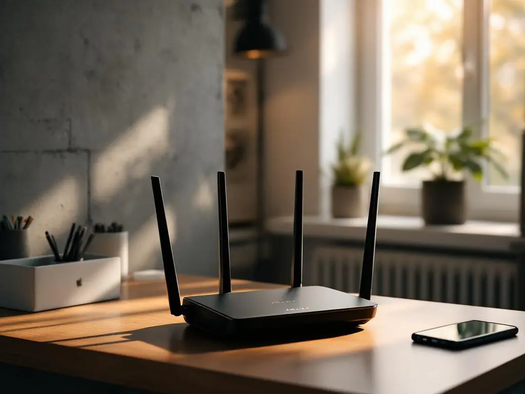 Moderne draadloze router met antennes op houten bureau in thuiskantoor, omringd door telefoon en metalen kast