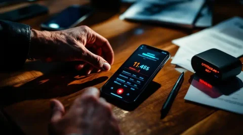 Zakenman grijpt naar smartphone op vergadertafel naast urgente documenten en rode waarschuwingslamp van systeemmelding