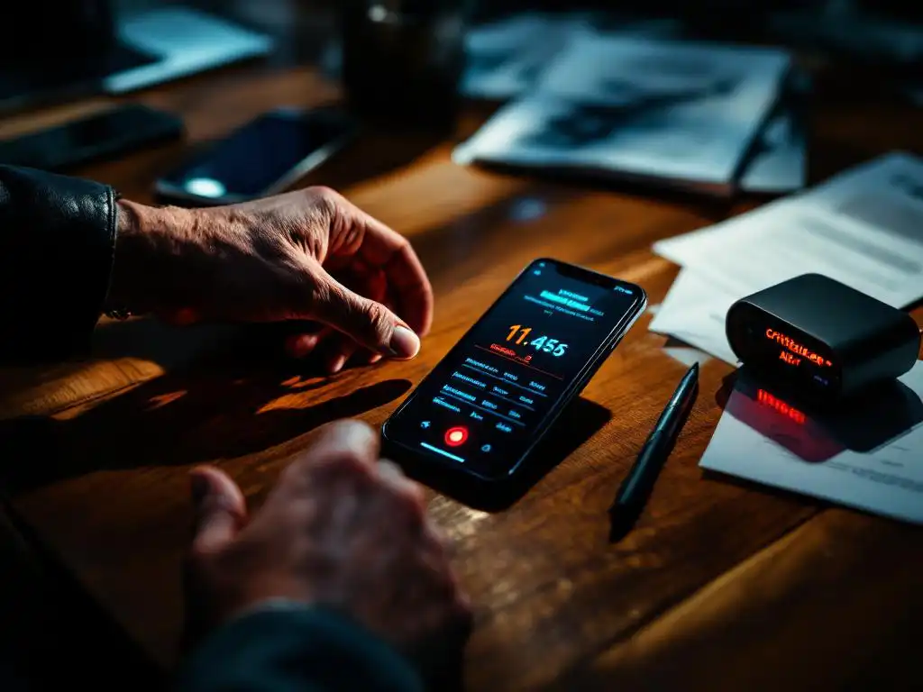 Zakenman grijpt naar smartphone op vergadertafel naast urgente documenten en rode waarschuwingslamp van systeemmelding