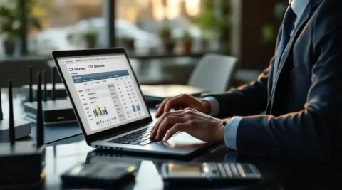 Zakenman analyseert kostenanalyse op laptop met netwerkapparatuur op vergadertafel in modern kantoor