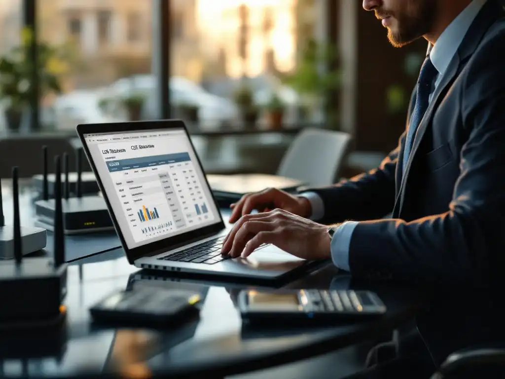 Zakenman analyseert kostenanalyse op laptop met netwerkapparatuur op vergadertafel in modern kantoor