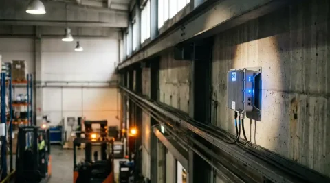 Compacte 5G-antenne op industriële muur in modern magazijn, met kabels langs stalen balken en logistieke apparatuur op de achtergrond.