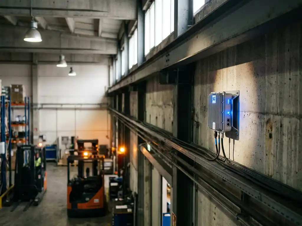 Compacte 5G-antenne op industriële muur in modern magazijn, met kabels langs stalen balken en logistieke apparatuur op de achtergrond.