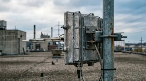 Directionele buitenantenne op stalen mast tegen bewolkte industriële skyline, zakelijke dakinfrastructuur.