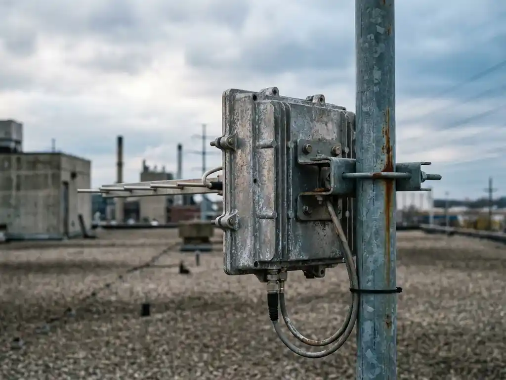 Directionele buitenantenne op stalen mast tegen bewolkte industriële skyline, zakelijke dakinfrastructuur.