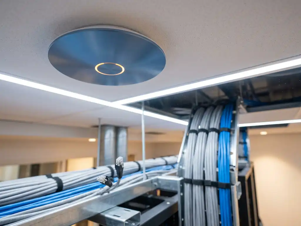 Draadloos toegangspunt gemonteerd op kantoorplafond met professionele netwerkkabels op de achtergrond.