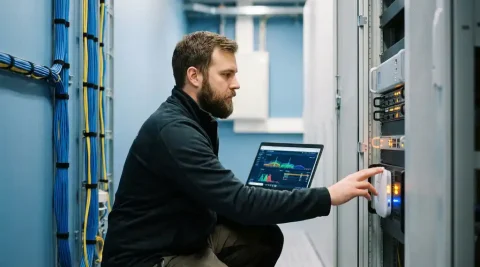 Netwerkingenieur met laptop met signaalgrafiek naast enterprise access point in serverruimte met geordende ethernetkabels.