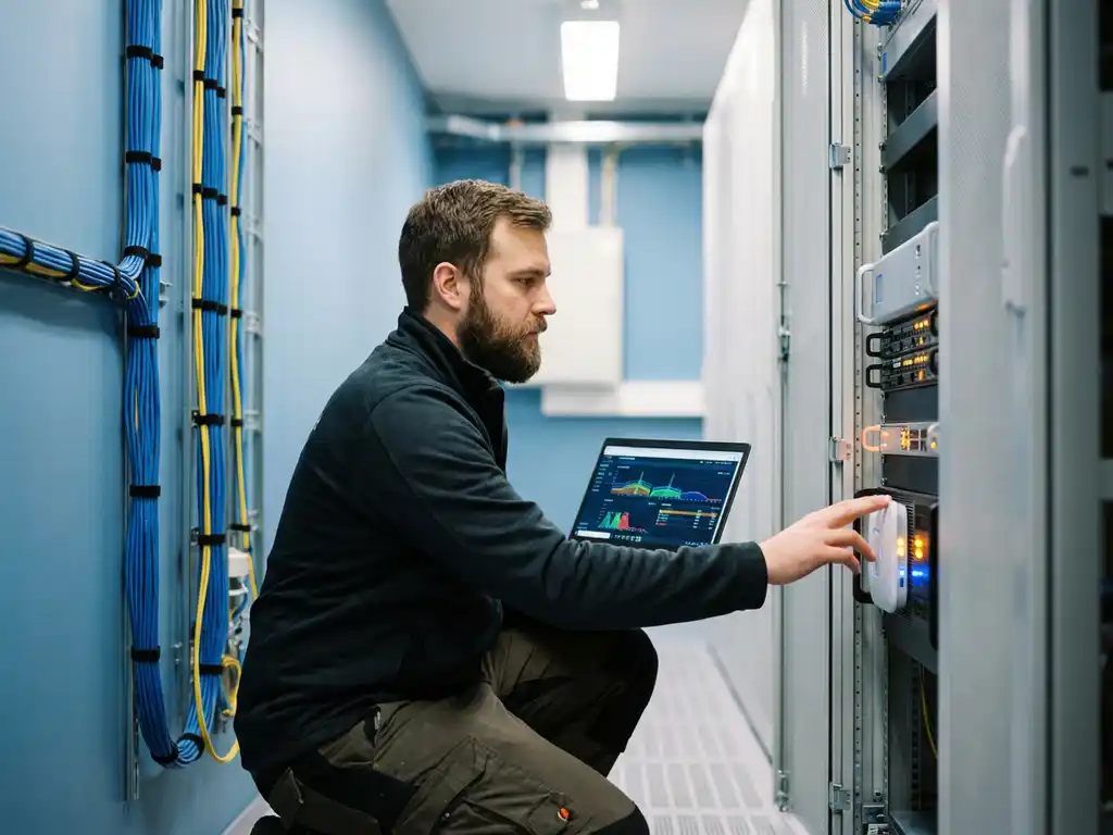 Netwerkingenieur met laptop met signaalgrafiek naast enterprise access point in serverruimte met geordende ethernetkabels.