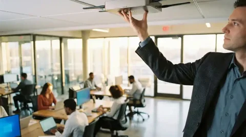 IT-professional installeert enterprise access point in plafond van modern open kantoor met werknemers op laptops en tablets.