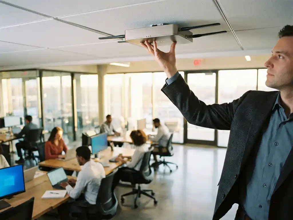 IT-professional installeert enterprise access point in plafond van modern open kantoor met werknemers op laptops en tablets.