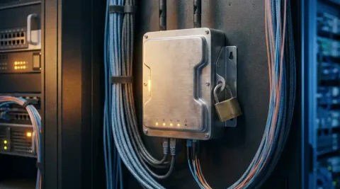 Draadloos toegangspunt op datacenterwall omgeven door ethernet- en glasvezelkabels, met hangslot als symbool voor netwerkbeveiliging.