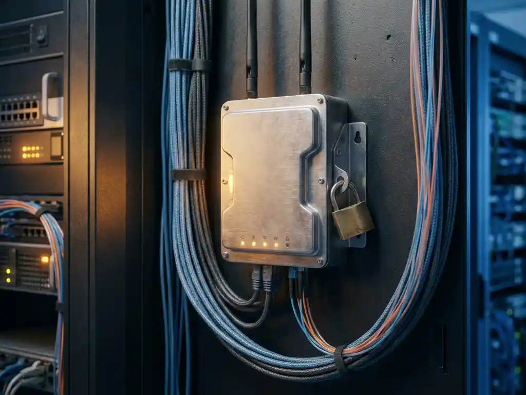 Draadloos toegangspunt op datacenterwall omgeven door ethernet- en glasvezelkabels, met hangslot als symbool voor netwerkbeveiliging.