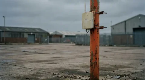 Verouderd industrieel buitenterrein met draadloos toegangspunt op roestige metalen paal zonder signaal, bewolkte lucht boven leeg betonnen erf.