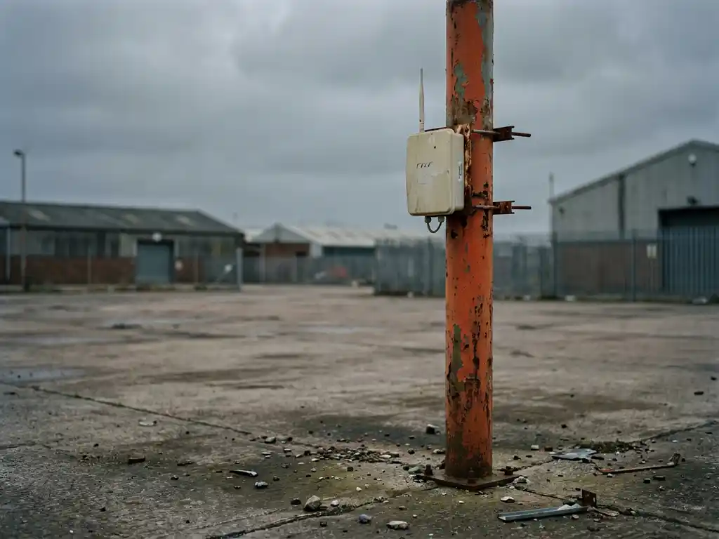 Verouderd industrieel buitenterrein met draadloos toegangspunt op roestige metalen paal zonder signaal, bewolkte lucht boven leeg betonnen erf.