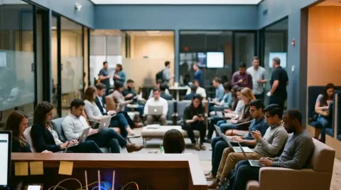 Drukke moderne kantoorlobby met mensen op laptops en smartphones terwijl een Wi-Fi router op de receptie overbelast raakt.