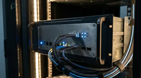 Industriële edge computing unit gemonteerd op een stalen serverrack, verbonden met gebundelde glasvezelkabels en blauwe LED-indicatoren.