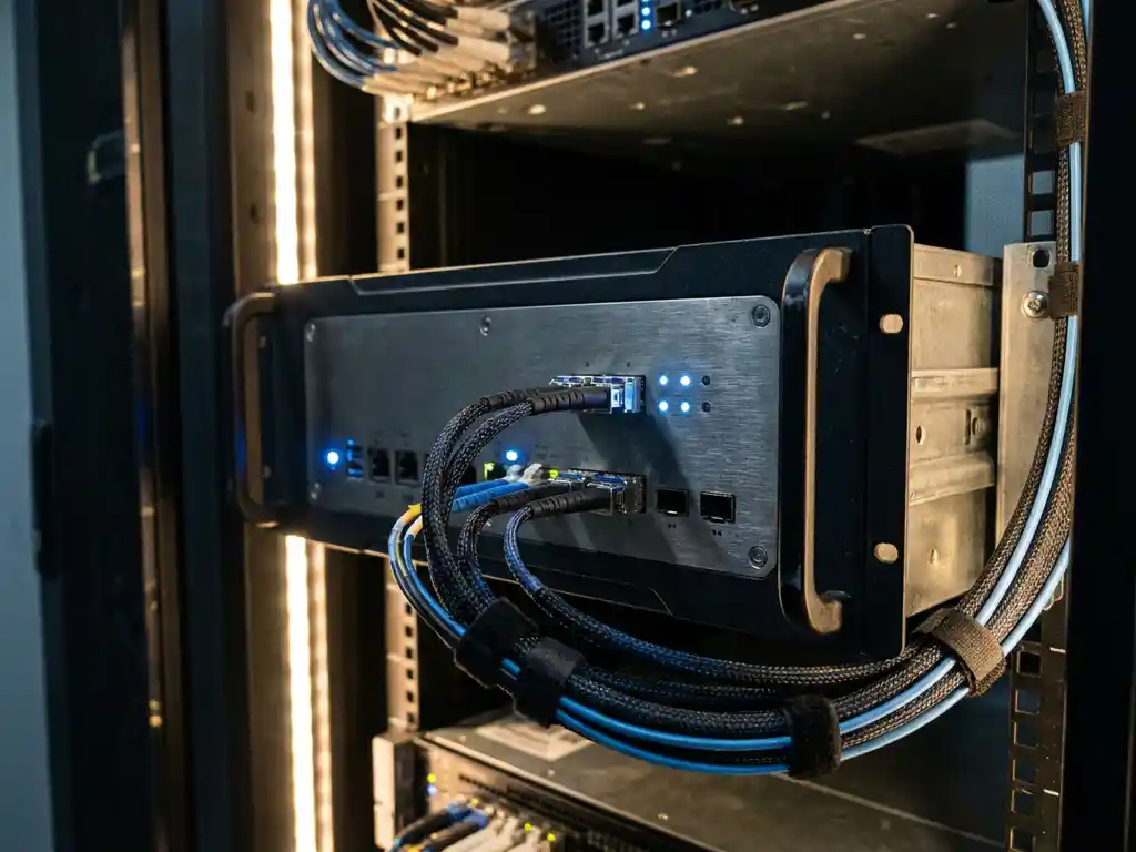 Industriële edge computing unit gemonteerd op een stalen serverrack, verbonden met gebundelde glasvezelkabels en blauwe LED-indicatoren.