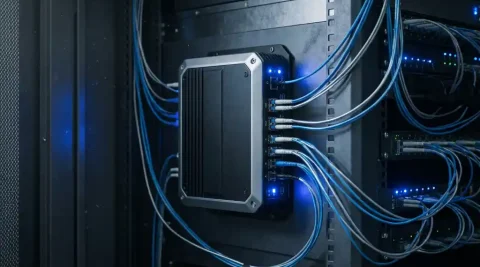 Industriële edge computing unit gemonteerd op stalen serverrack, omgeven door vertakkende glasvezelkabels in blauw LED-licht.