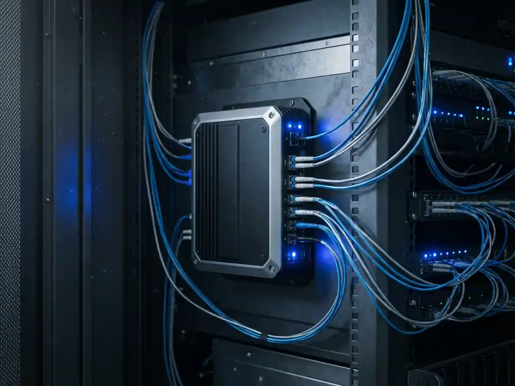 Industriële edge computing unit gemonteerd op stalen serverrack, omgeven door vertakkende glasvezelkabels in blauw LED-licht.