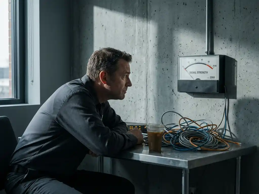 Gefrustreerde IT-professional bij leeg signaalsterktemeter op betonnen muur in netwerkoperatiecentrum, verstrengelde ethernetkabels op stalen bureau.